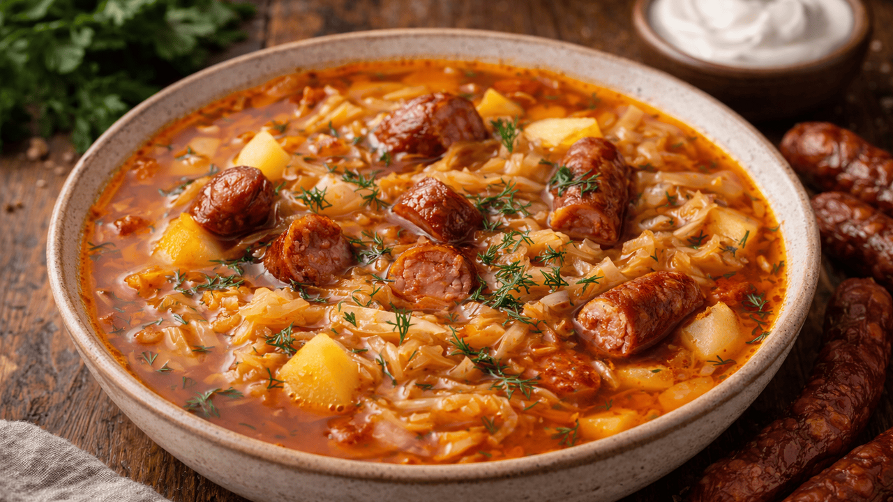 Этот ароматный суп сразу собирает всех за столом: щи с охотничьими колбасками согревают с первой ложки Щи с охотничьими колбасками — простой и быстрый...