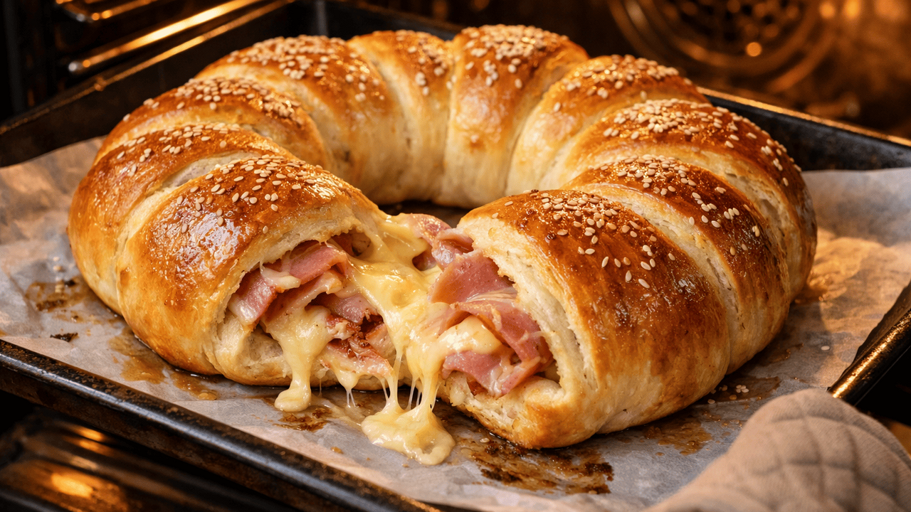 Калач с ветчиной и двумя видами сыра собирается...