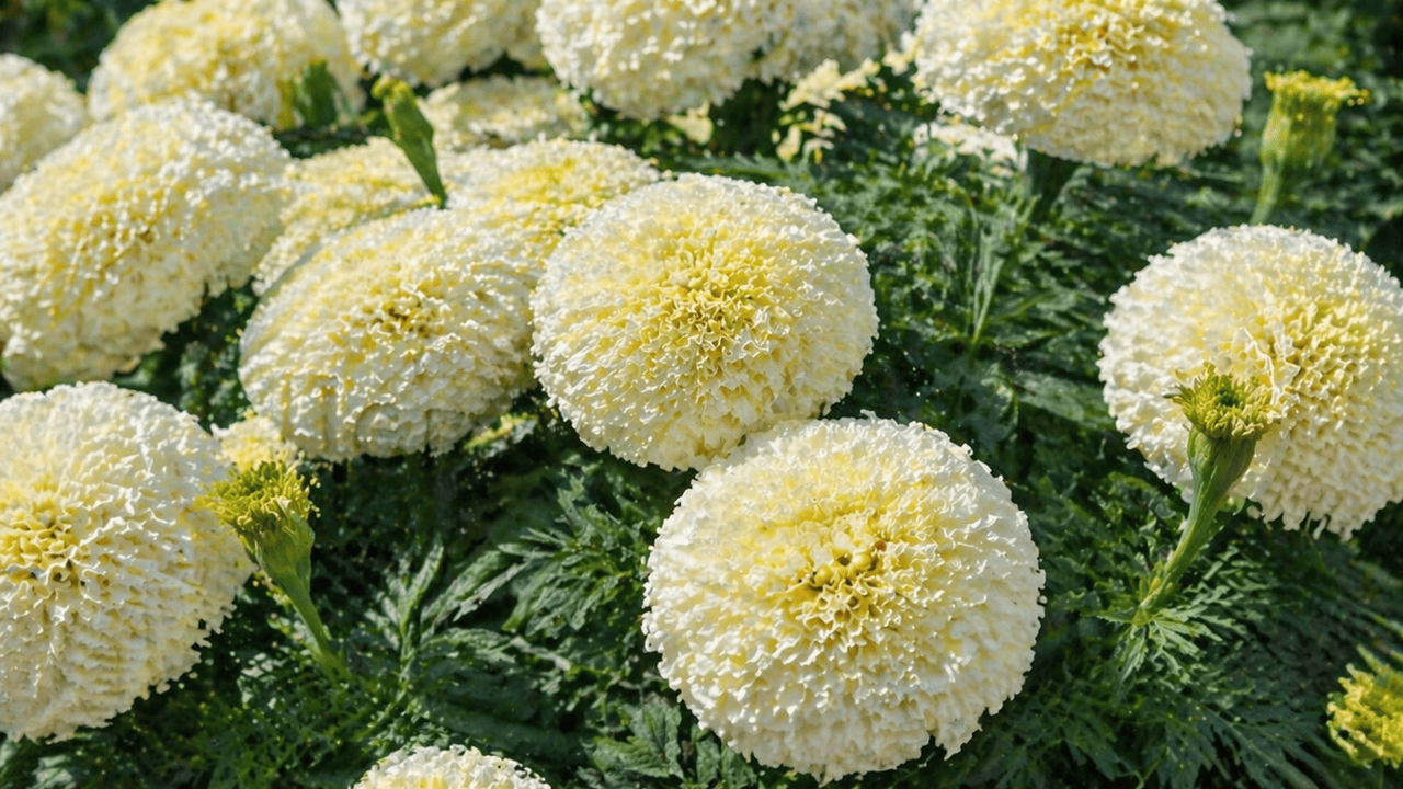 Бархатцы «Белоснежка» — это редкий сорт с кремо...