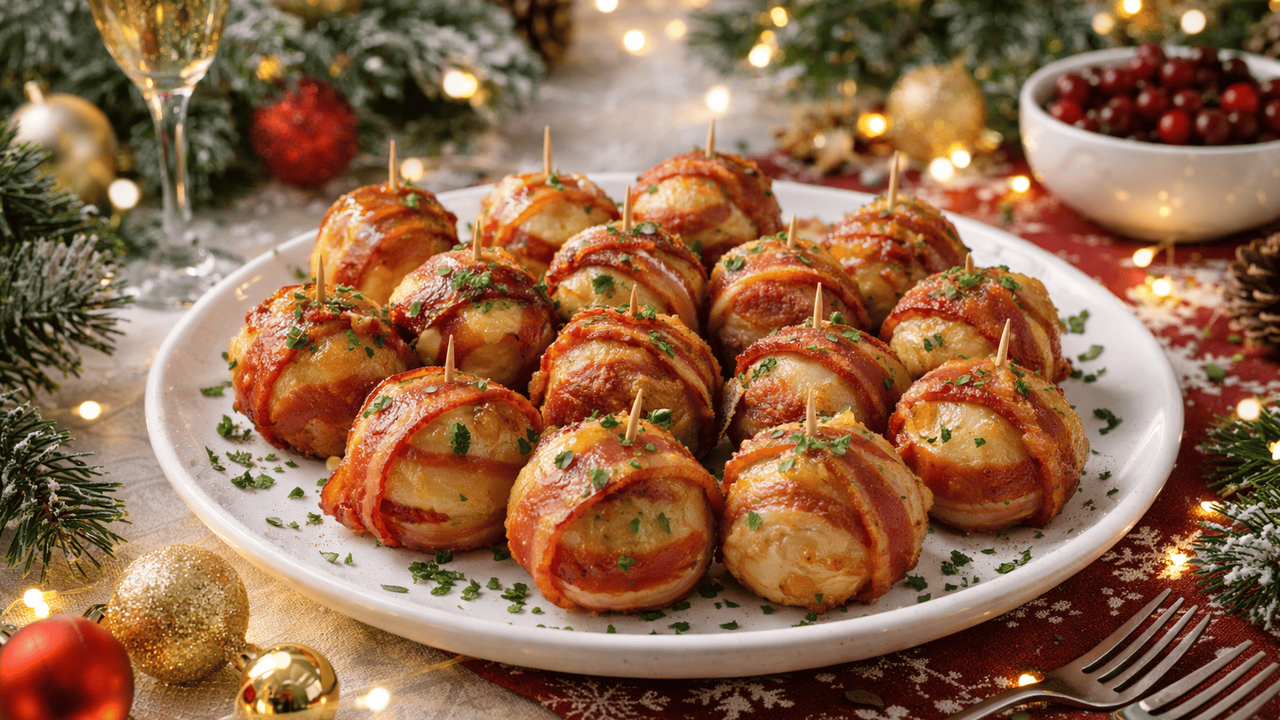 Картофельно-куриные шары в беконе выглядят как ...