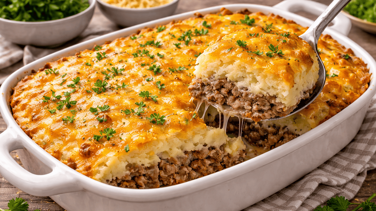 Эта картофельная запеканка с сочным фаршем и ру...