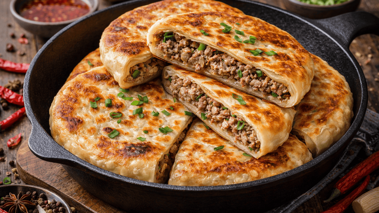 Попробуйте китайский мясной пирог, который жари...