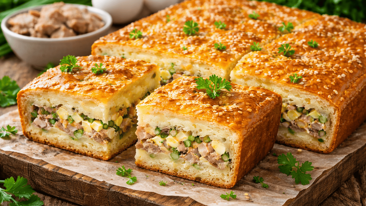 Этот заливной пирог с тунцом, яйцом и луком гот...