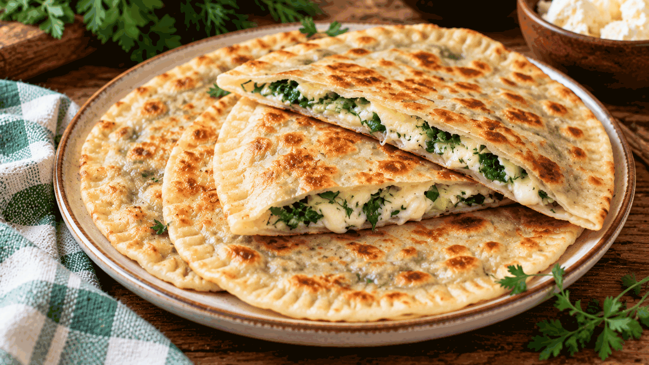 Кутабы с сыром и свежей зеленью готовятся на су...