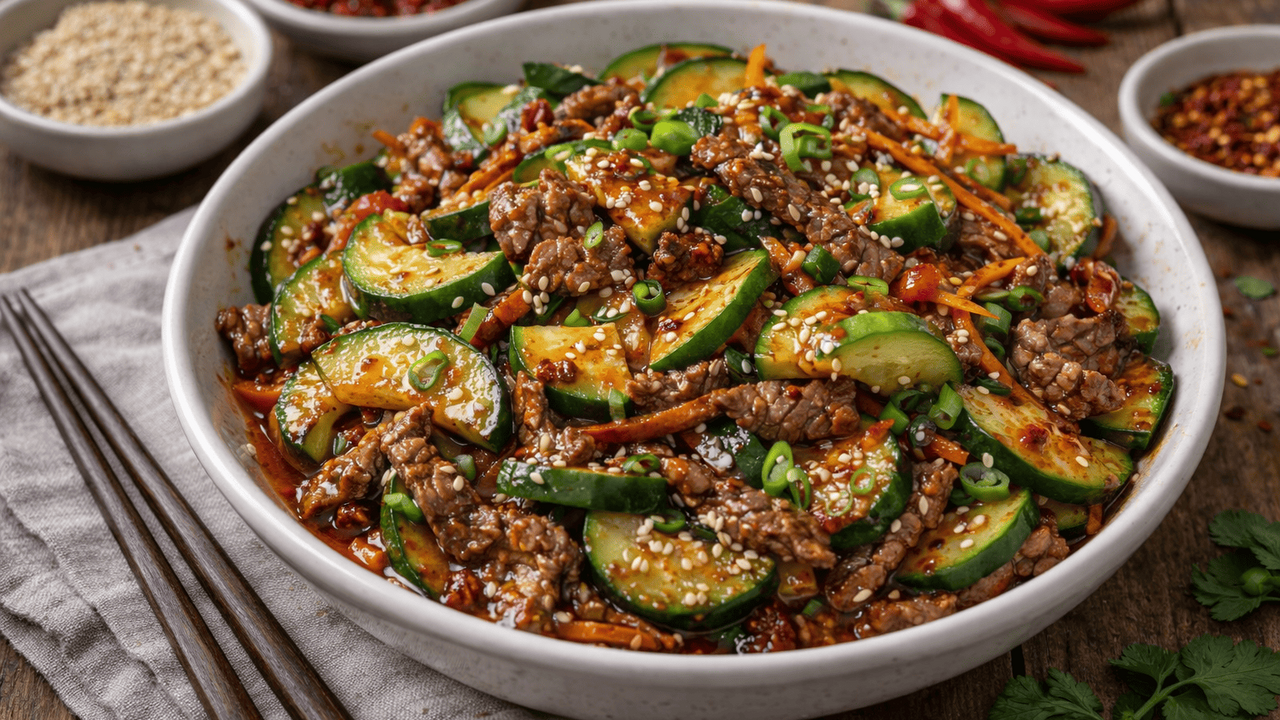 Этот пряный салат из говядины и огурцов раскрыв...