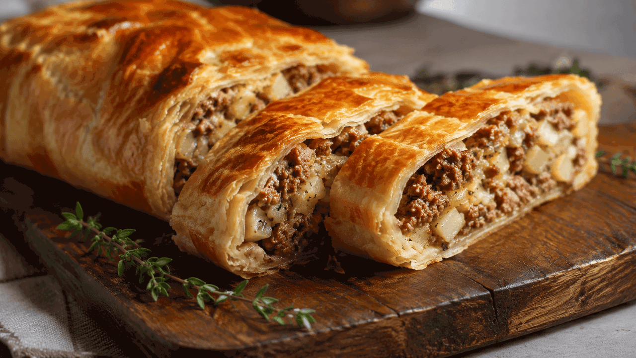 Слоёный штрудель с мясным фаршем и картофелем —...