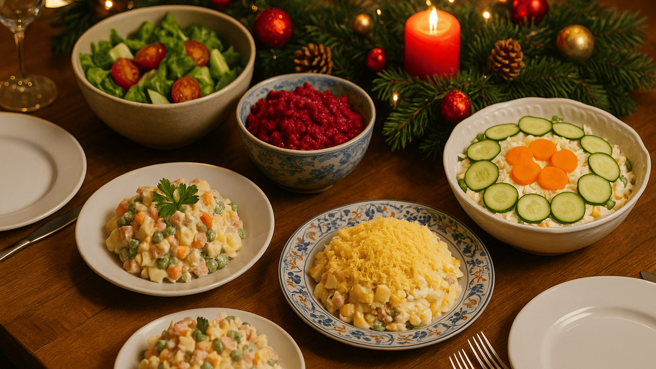 Изысканный слоёный салат с курицей, грибами и с...