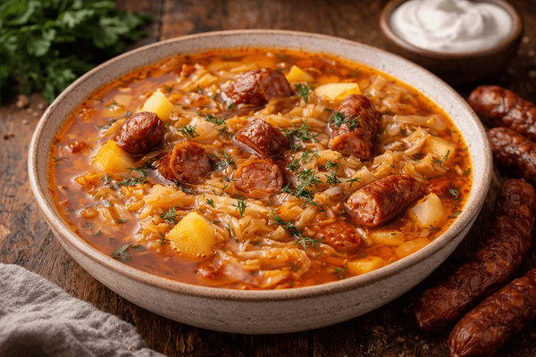 Этот ароматный суп сразу собирает всех за столом: щи с охотничьими колбасками согревают с первой ложки