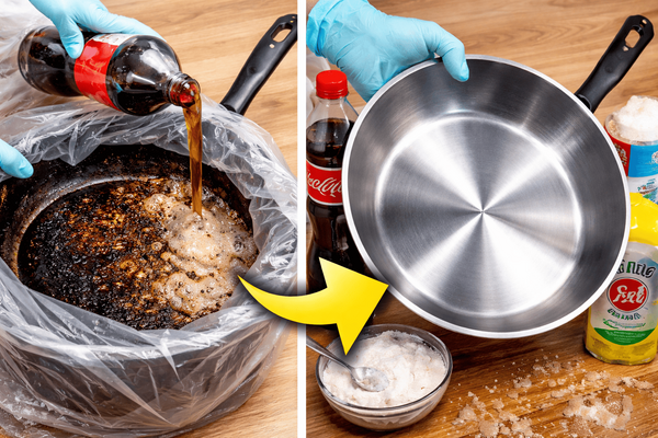 Кладу сковороду в обычный пакет: нагар уходит хлопьями сразу же — могу любоваться своим отражением