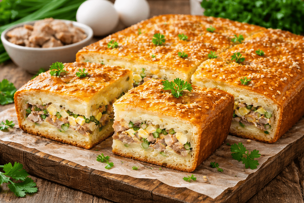 Простой рецепт, который захочется повторить снова: заливной пирог с тунцом, яйцом и луком получается мягким, воздушным и аппетитным