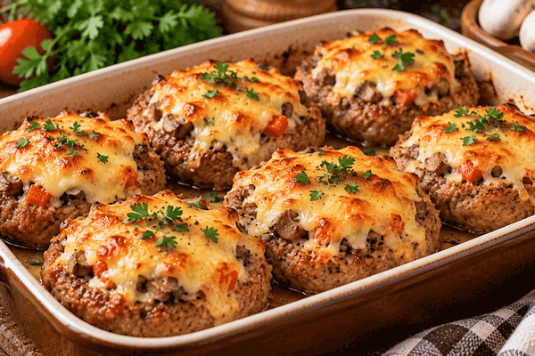 Вместо обычных котлет готовлю мясные гнёзда: кладу внутрь начинку и запекаю под сырной корочкой