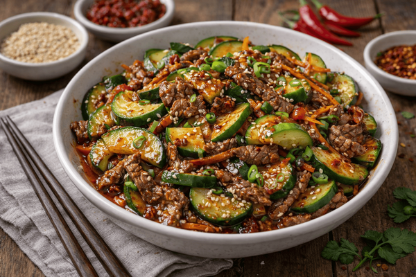Очень простой корейский салат из огурцов и мяса: рецепт, который съедают быстрее горячего
