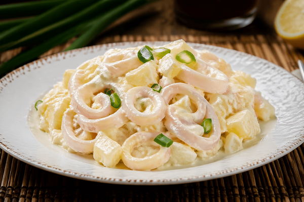 Салат с кальмарами и ананасом, который удивляет с первой ложки: нежность, сладость и лёгкая остринка в идеальном балансе за 15 минут